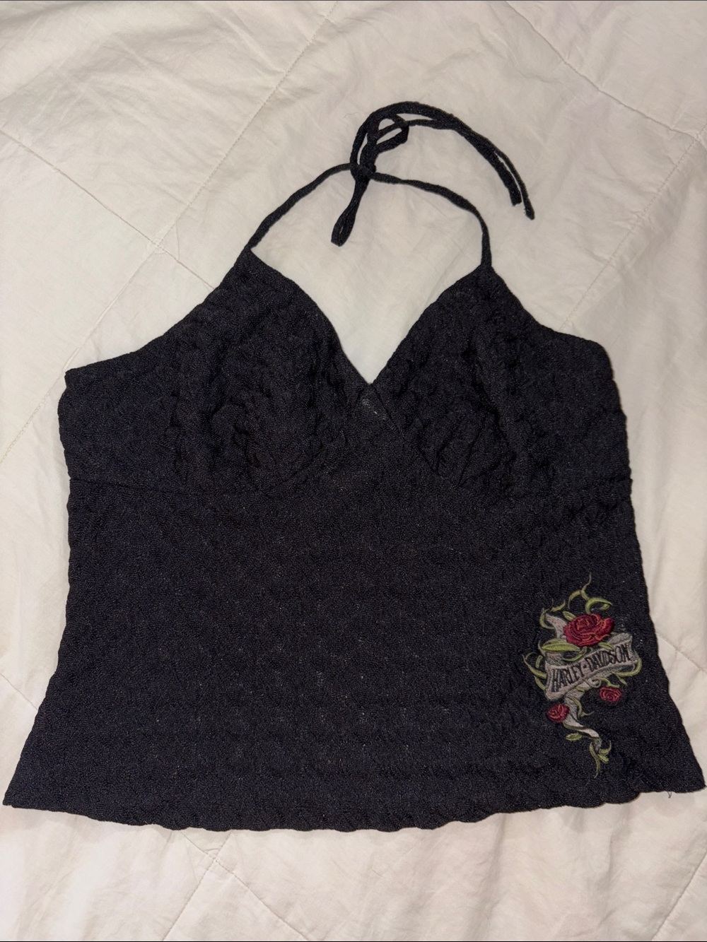 Vintage Y2K Harley Davidson Black Halter Top Embroidered Roses